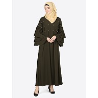 Pearl beaded abaya with Bell sleeves- Olive Green
